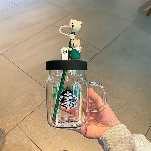 Starbucks Cute Classic Green Apron Bear Glass 473ml/16oz - Straw & Lid