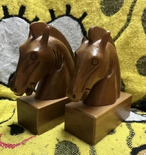 Solid American Walnut Horse Head Bookends on Rectangular Wood Base 7" Tall
