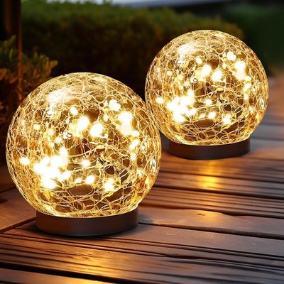 Solar Globe Lights Outdoor Waterproof Cracked Glass Ball Garden Yard Decor Lamp