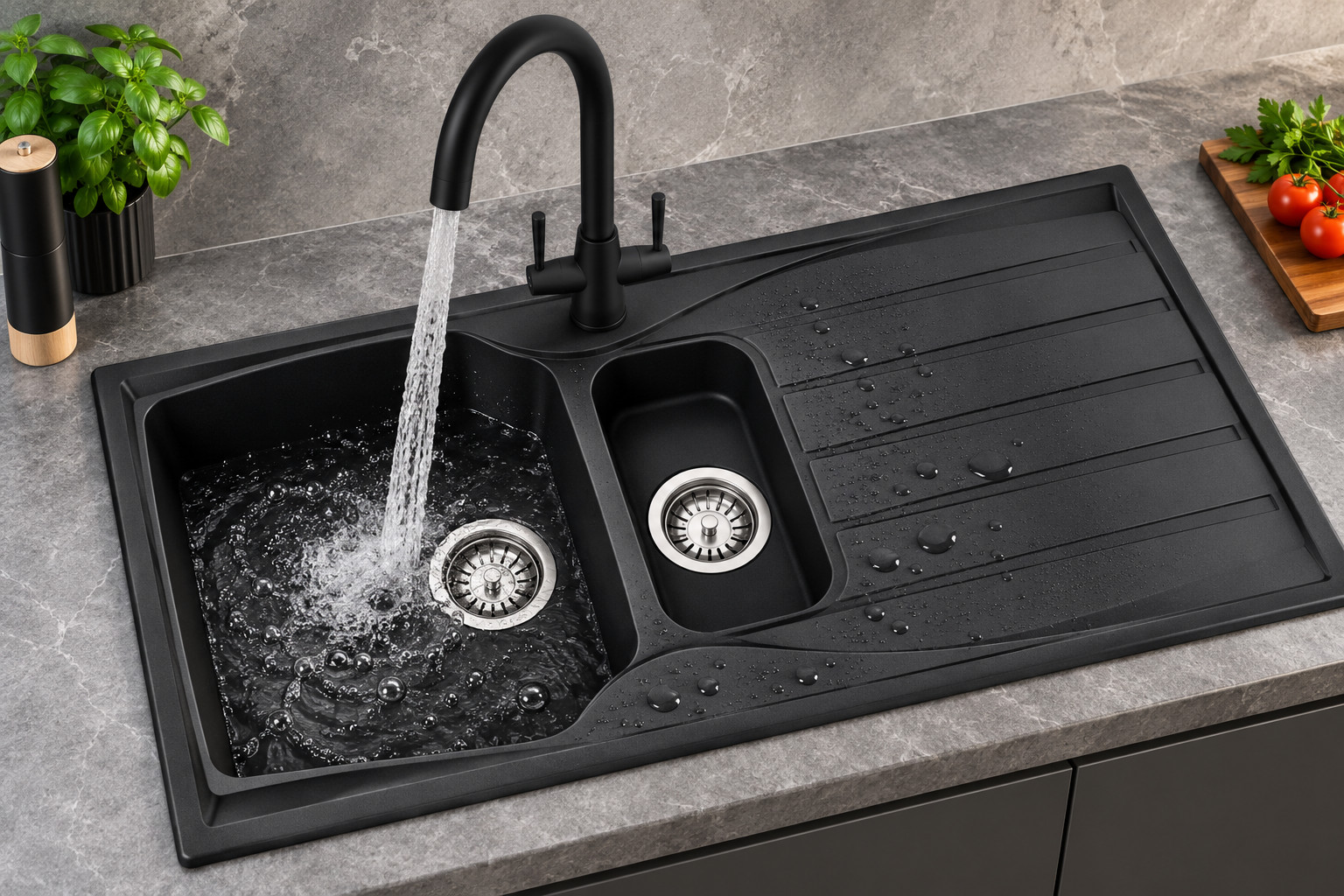 Liquida CMP15BL 1.5 Bowl Black Kitchen Sink And LU408MB Black Mixer Tap