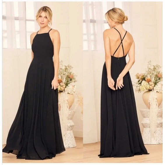 Lulus Black Halter Neck Maxi Dress Spaghetti Straps Formal Evening Gown XS