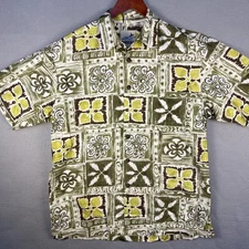 Kahala Hawaiian Shirt Mens Large Green Wood Block Print Cotton Made In Hawaii