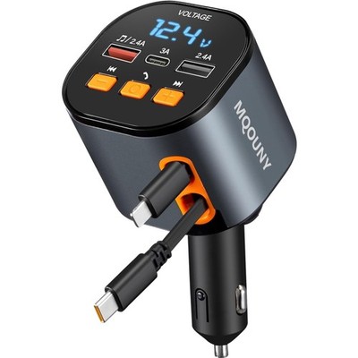 Retractable Car Charger,5 in 1 Fast Cars Phone Charger 90W,Bluetooth 5.3 FM T...