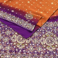 Indian Vintage Sari Purple Mustard Pure Crepe Silk Hand Embroidered Sarees 6yd