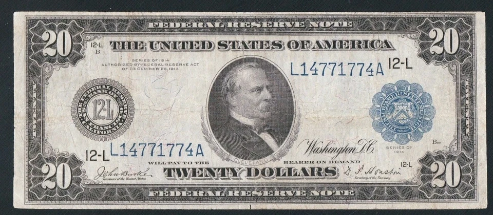 BEAUTIFUL RARE 14771774 SERIAL NUMBER 1914 $20 FRN. NO PINHOLES OR TEARS - Image 2 of 3