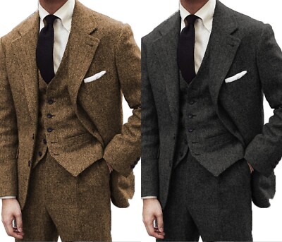 Mens Tweed 3Pcs Suit Vintage Wool Herringbone Formal Tuxedo Suits 42r 44r 46r