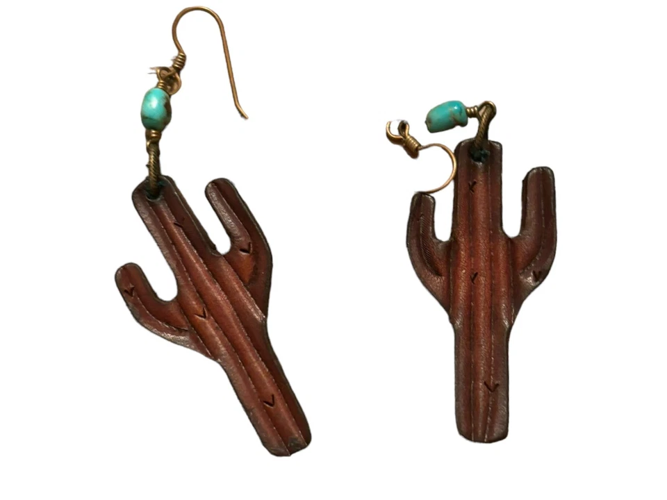南部西部女牛仔波西米亚皮革仙人掌声明耳环手工雕刻 — 第 2/4 张图片