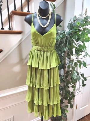 Women Sleeveless Pleated Layered Ruffled Summer Beach V-Neck Long Tiered  Dress S | eBay