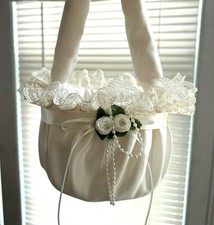 Beautiful Flower Girl Wedding Basket Lined White Satin Lace Bridal Ceremony