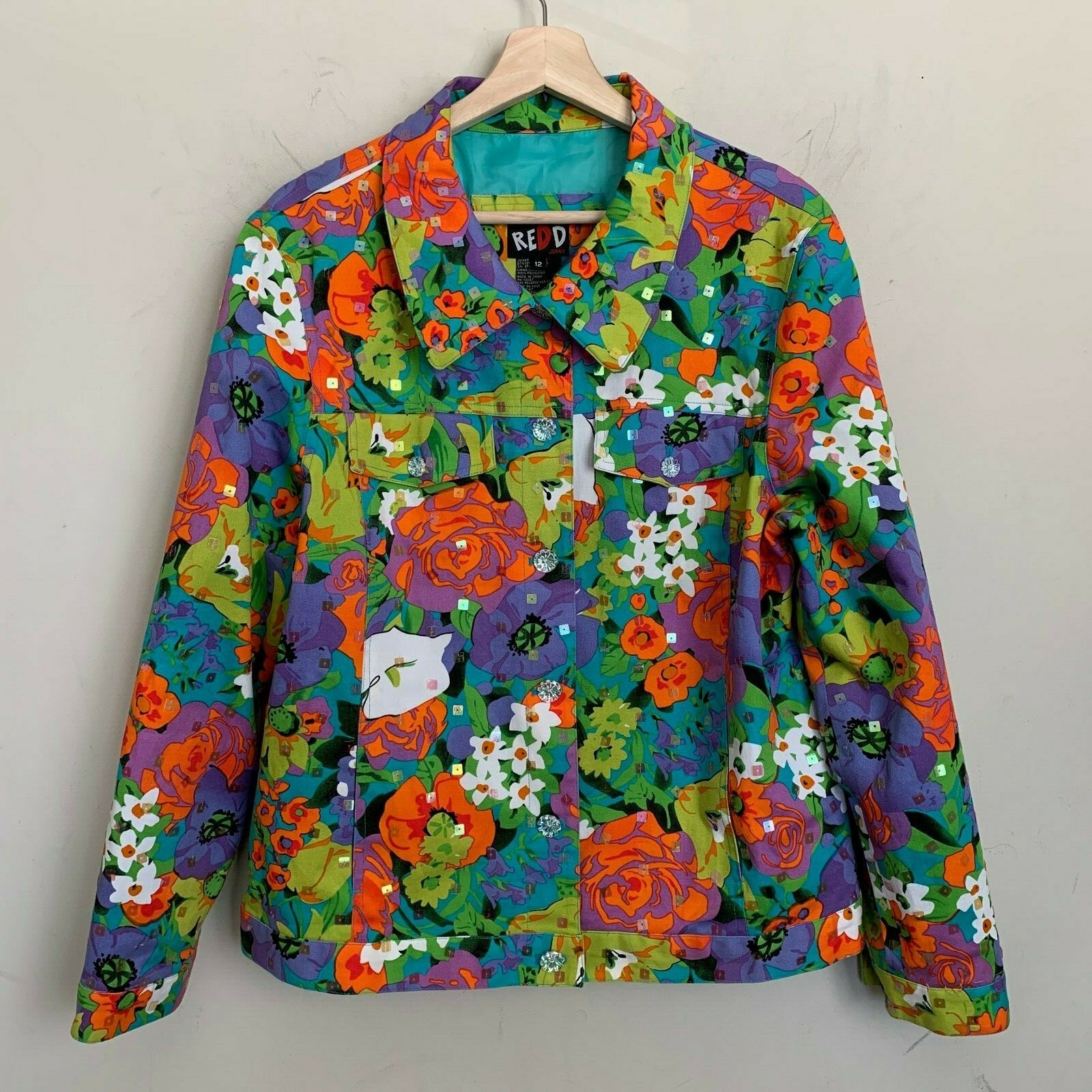 ALTRA Giacca jeans Redd arancione multi astratta paillettes bottoni tasche foderata taglia 12