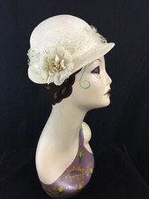 Vintage ivory straw hat with netting  flower, XS,  7637 