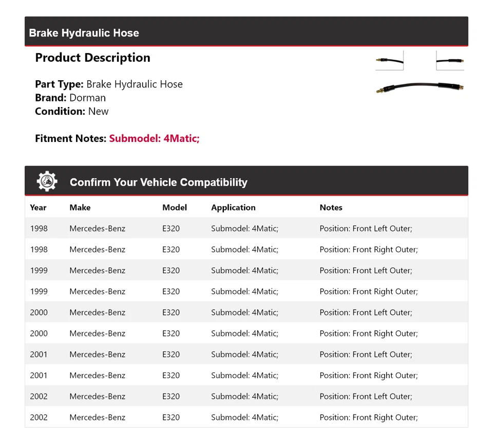 Mangueira hidráulica de freio Dorman 1999 2000 para 1998-2002 Mercedes-Benz E320 4Matic - Imagem 2 de 3