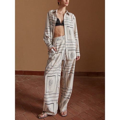 Cactus Print Set Long Sleeve Button Down Shirt Wide Leg Pants