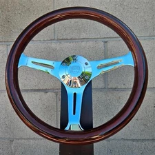 14 Inch (350mm) Chrome Steering Wheel with Wood Grip 6 Hole Classic