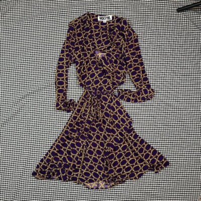 Vicky Tiel Royal Purple Gold Laurel Baroque Wrap Dress Long Sleeve Size Medium