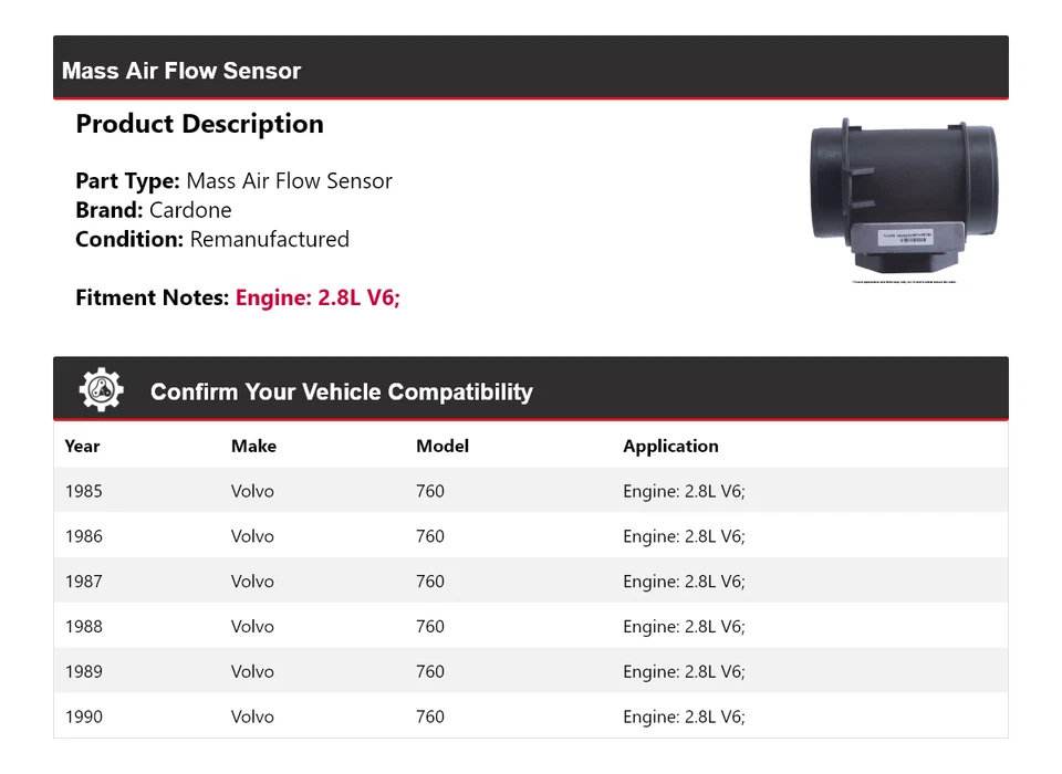 Sensor de flujo de aire masivo Cardone 1986 1987 1988 1989 para Volvo 760 1985-1990 2,8 L V6 Foto 2 de 4