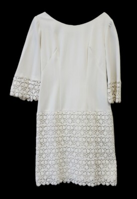 Vintage Hand Crafted Crepe Tunic Dress Summer Cream Floral Lace Size 14 READ