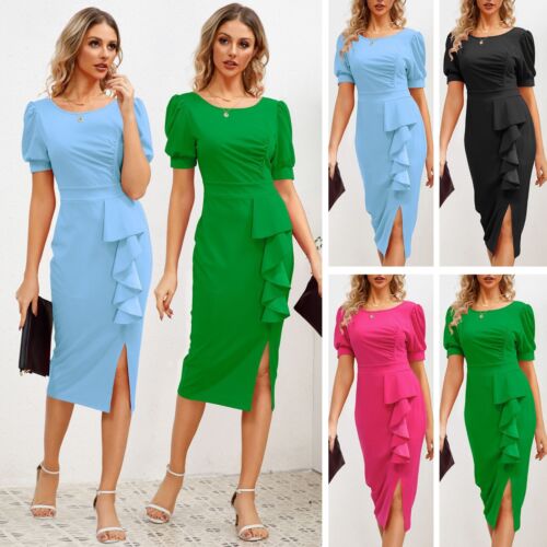 Women's Formal Party Cocktail Bodycon Ruffle Pencil Dresses  office Wrap Dress - Picture 1 of 34