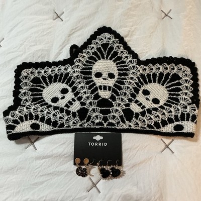 Torrid Accessory Festival Lot Skull Crochet Head Scarf Moon Heart Earrings Goth