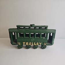 Vintage Cast Iron Toy Trolley- Train- Green- 14  6.25 x 3.5  r1