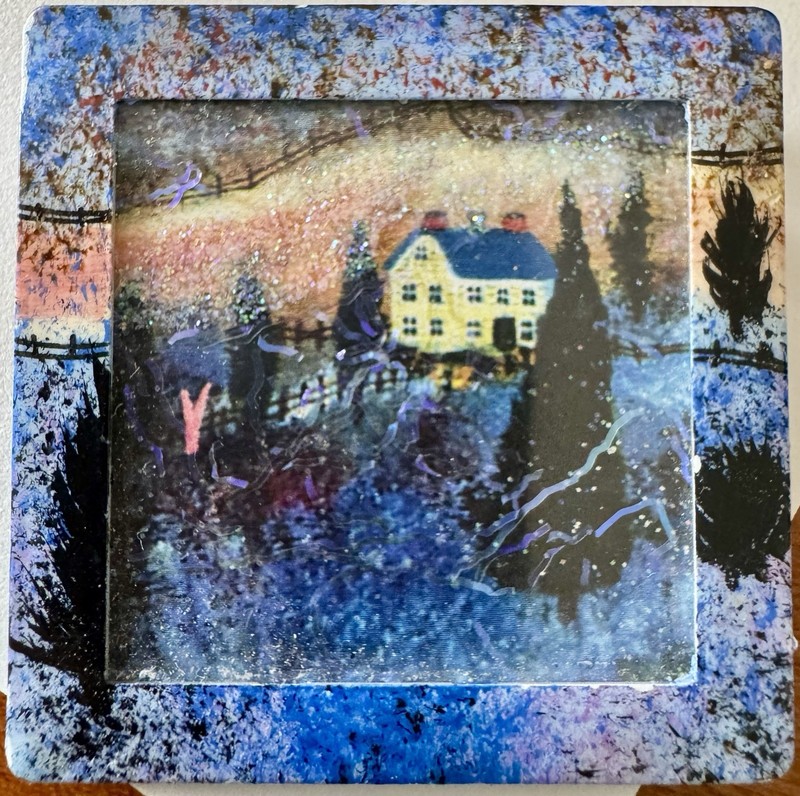 Small Scale Framed Art Fashion Pin Folk/Naive Style Colorful Sky, House, Trees