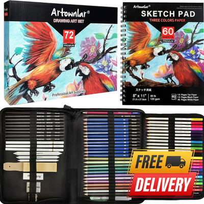 80 Pack Drawing Set Sketching Kit, Pro Art Supplies with 3-Color Sketchbook