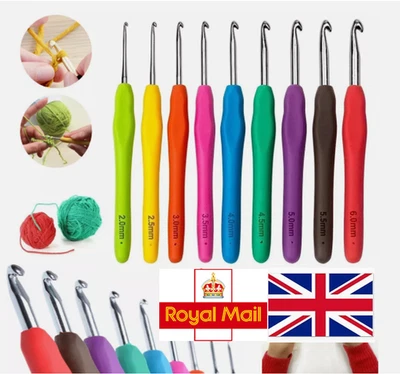 CLOVER 9Pcs Crochet Hooks Set Soft Grip Handles Knitting Needles Aluminum Multi Colour