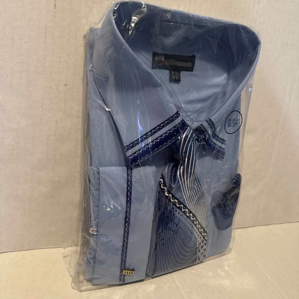 Camisa de vestir de puño francés para hombre con corbata y pañuelo a juego Milano Moda azul Foto 2 de 4