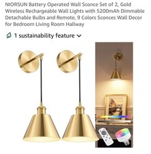 Battery Operated Wall Sconce Set of 2, Gold Wireless Rechargeable Wall Lights wi