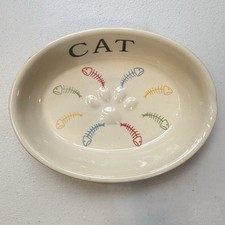 Fido's Diner Cat Bowl Colorful Fish Bones Oval Stoneware 6 Inch Raised Cat Paw