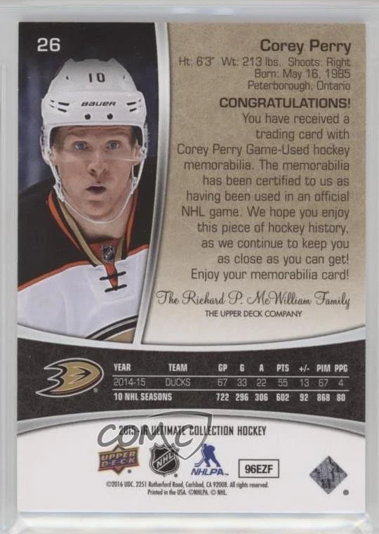 2015-16 Upper Deck Ultimate Collection /199 Corey Perry #26 - Image 2 of 2
