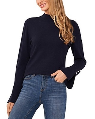 CeCe Imitation Pearl Trim Split Sleeve Mock Neck Sweater Women's S Classic Navy