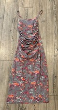 Free People Elegant Midi Dress Medium Gray Orange Vintage Asian Floral Rutched
