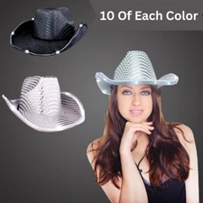 LED Cowboy Hat with BLACK Sequins FUN Light Up Cowboy Hat 20 Pack Black & White