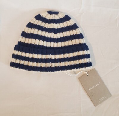 Everlane Cashmere Ribbed Striped Beanie Navy Bone Recycled Cashmere Wool Hat NWT Merino/cashmere beanie in navy — Y-0004 | YACAIA main image 4
