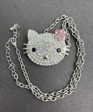 Vintage Silver Tone Rhinestone Hello Kitty Head Necklace Pink Rhinestone Ribbon