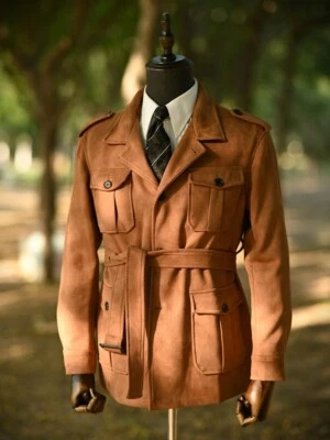 Giacca Uomo Multitasche Scamosciata Safari – Retrò, Con Cintura, Per Autunno/primavera