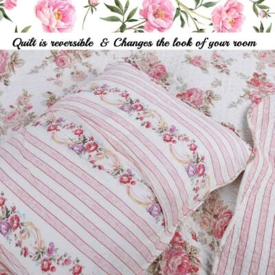 REVERSIBLE COTTAGE SHABBY CHIC PINK GREEN PURPLE LILAC IVORY ROSE LEAF QUILT SET