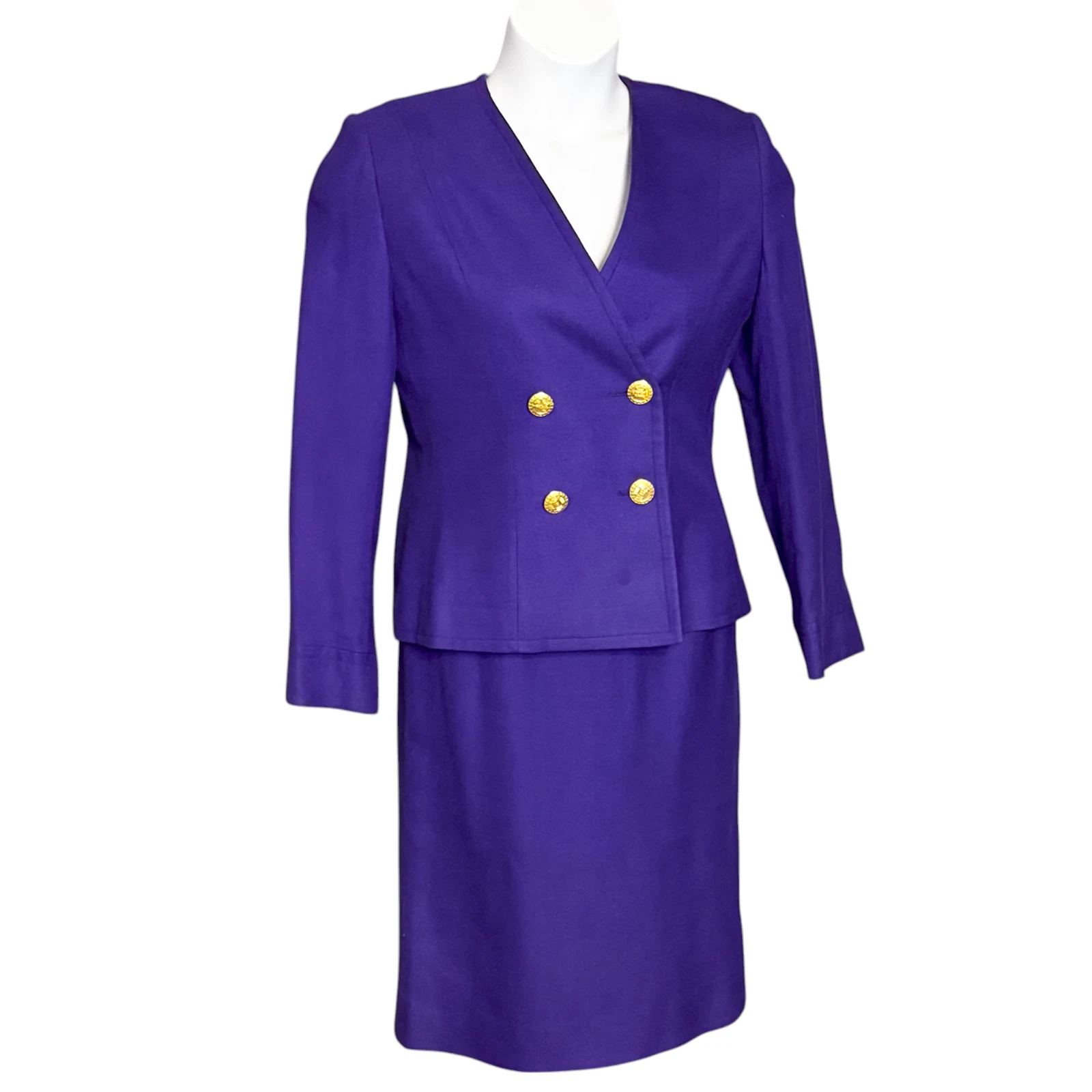 Tuta Celine Paris gonna viola royal blazer doppiopetto bottoni oro media