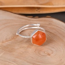 Natural Carnelian Gemstone Stackable Promise Orange Adjustable Ring 925 Silver
