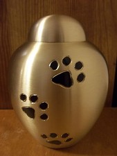 Gold w/Black Walking Paw Prints Brass Dome Urn Small/Med. 5.5" up to 43 lbs.