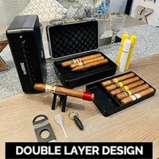 Cigar Case Travel Humidor Double Layer 10 Cigars Hole Puncher Hygrometer Cutter