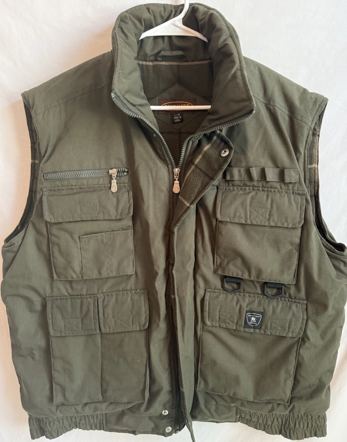 Renegade Safari Outdoor Vest Mens Large Plaid Lined Pockets Hunting Green