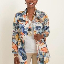 Chicos Multicolor Tropical Leaf Print Linen Jacket Size 1 Medium Long sleeve