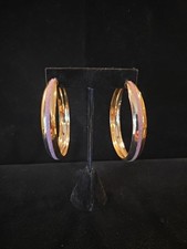 Gold Tone Glitter Hoop Earrings Round Hinged Closure Fashion Jewelry