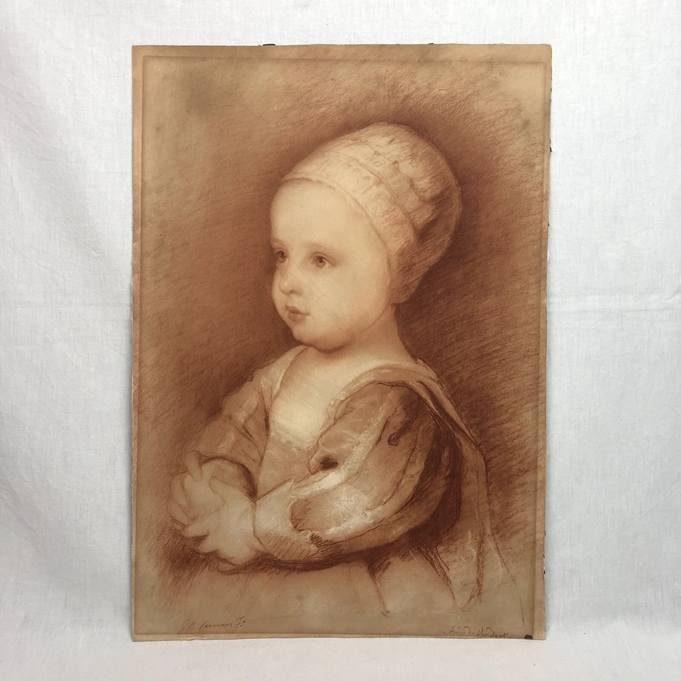 Alter Druck Lithografie Canevari "Studie n. Van Dyck" Henrietta Anne (1644-1670)