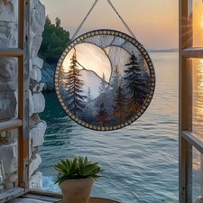 Forest Moonrise Stained Glass Suncatcher Gem Border Window Hanging Decor