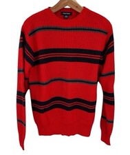 Chaps Sweater Small Chunky Crew Neck Relaxed Red Navy Striped Preppy Classic NWT