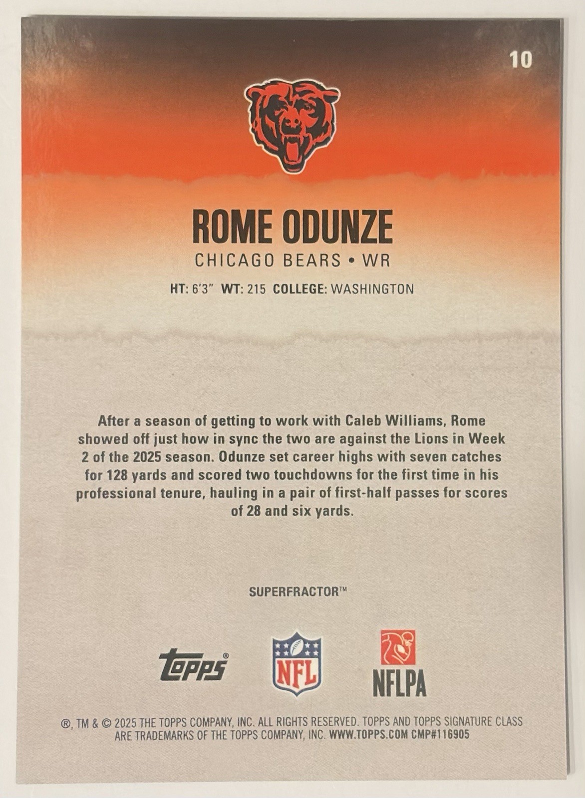2025 Topps Signature Class Football Rome Odunze SUPERFRACTOR 1/1 Bears #10 view 2