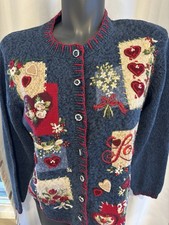 Vtg Y2K 2003 Heirloom Collectibles Sweater Cardigan Medium Love Hearts Blue